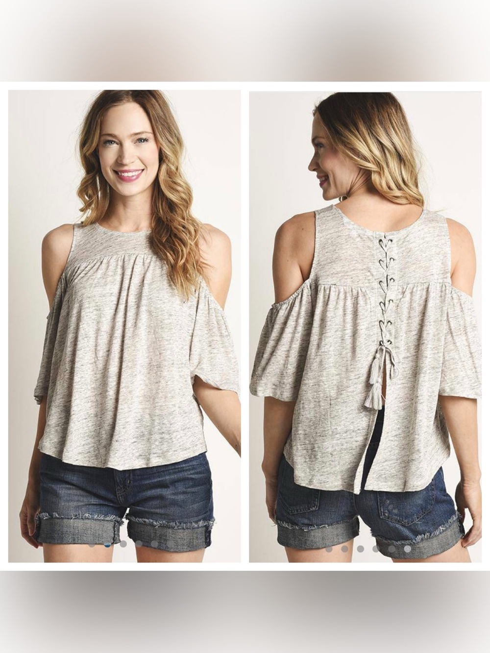 New BB Dakota Oliana Cold Shoulder Lace Up Back Top Heather Grey SZ M